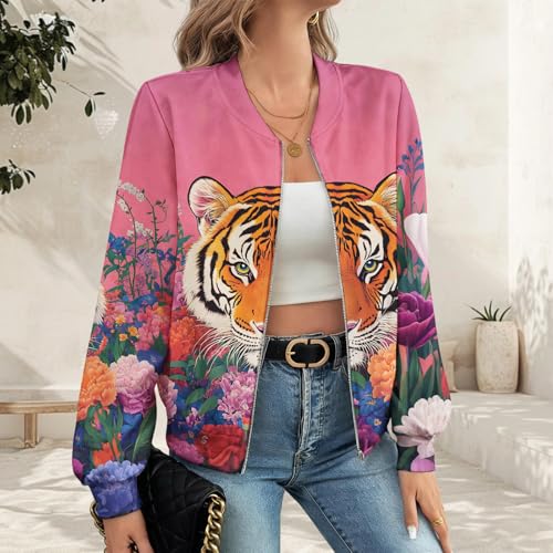 Vintage Fall/Winter Casual Animal Print Graphic Coat Women's Basic Crew Neck Long Sleeve Fashion Bomber Jacket