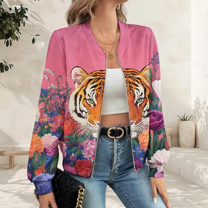 Vintage Fall/Winter Casual Animal Print Graphic Coat Women's Basic Crew Neck Long Sleeve Fashion Bomber Jacket