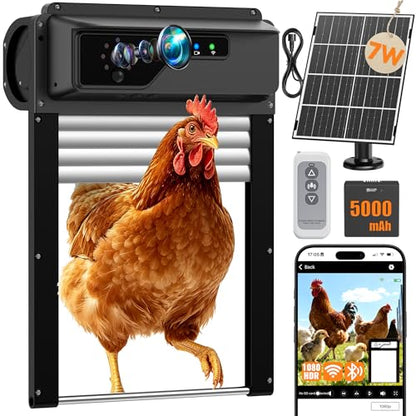 Automatic Chicken Coop Door with Timer and Remote Control, WiFi 1080P Camera Smart Roll-Up Auto Poultry Door, 7W Solar Powered, App Control, Anti-Pinch Safety, Predator Alarm - color: Black