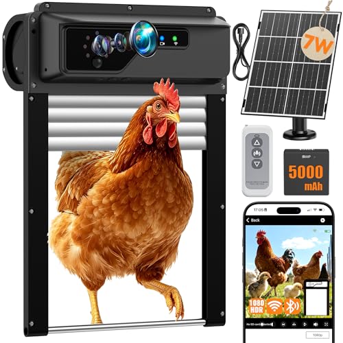 Automatic Chicken Coop Door with Timer and Remote Control, WiFi 1080P Camera Smart Roll-Up Auto Poultry Door, 7W Solar Powered, App Control, Anti-Pinch Safety, Predator Alarm - color: Black