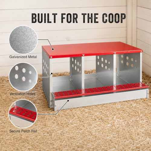 3-Compartment Roll Away Chicken Nesting Box for Hens, 32.6 Inch | Metal build, Egg collection tray, Perch, Protective lid, Wall mount, Freestanding setup, Ducks, Backyard coop, Barn supply - size: 32.6"L x 16.9"W x 13.9"H