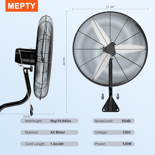 MEPTY 30" Wall Mount Fan, Heavy Duty Industrial Outdoor Wall Fan, High Velocity Oscillating Fans with 3 Speeds for Patio, Shop, Greenhouse, Garage, Commercial, Household use - size: 30inch