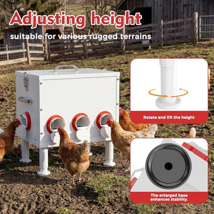 Automatic Chicken Feeder 50lbs Capacity Metal Chicken Feeder with 8 Ports No Waste Chicken Feeder Weatherproof Poultry Feeding Equipment with Handle, Locking Lid & Adjustable Legs for Outdoor