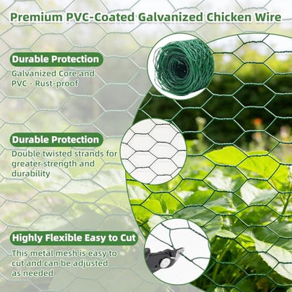 Chicken Wire for Floral Arrangements - Hexagonal Galvanized PVC Coated Poultry Wire Mesh Netting with Gloves, Wire Cutter & Zip Ties for Crafts, Poultry, Gardening Fence (15.7 x 118 lnches) - size: 15.7 x 118 lnches