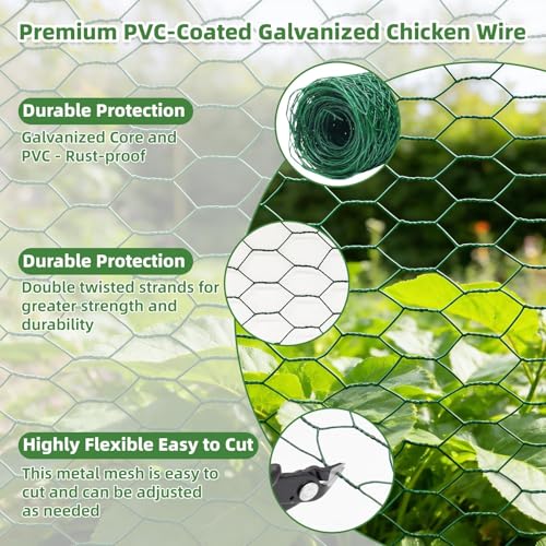 Chicken Wire for Floral Arrangements - Hexagonal Galvanized PVC Coated Poultry Wire Mesh Netting with Gloves, Wire Cutter & Zip Ties for Crafts, Poultry, Gardening Fence (15.7 x 393 lnches) - size: 15.7 x 393 lnches