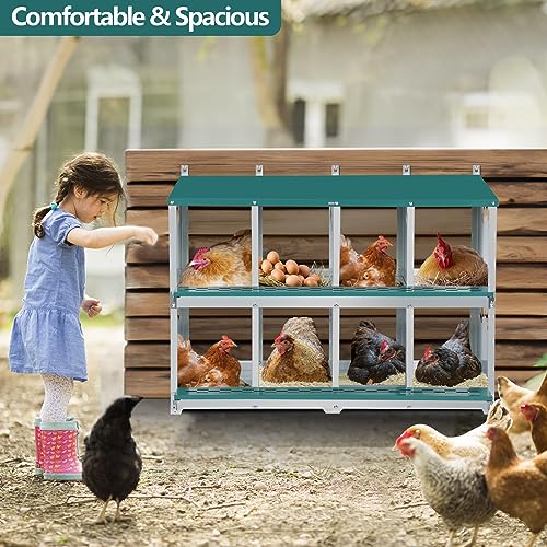 Chicken Nesting Box, 8 Compartment Metal Nesting Box, Wall Mountable Nesting Boxes for Chicken, 42.5" L x 13.0" W x 25.0" H, Green