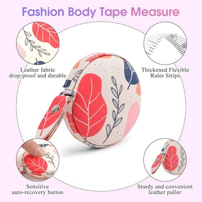 Retractable Mini Tape Measure, Auto-Retract, Premium Leather Tape Measure, Dual-Sided Ruler, Ideal for Fabric Cutting, Body Measurements, and Handicrafts (Bohemian Leaves) - color: Bohemian Leaves