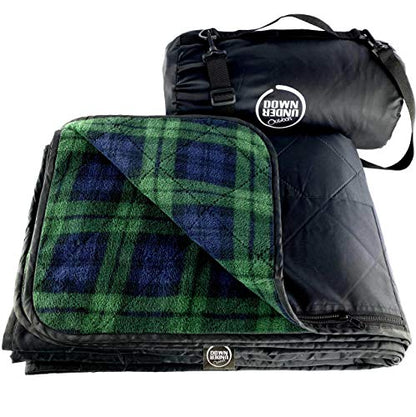 DOWN UNDER OUTDOORS Waterproof 350 GSM Fleece or Sherpa Stadium Blanket | Large Extra Thick, Windproof, Quilted, Machine Washable, Camping Picnic & Outdoor, Beach, Dog, secret pocket, 82 x 55 inches - color: Green Check