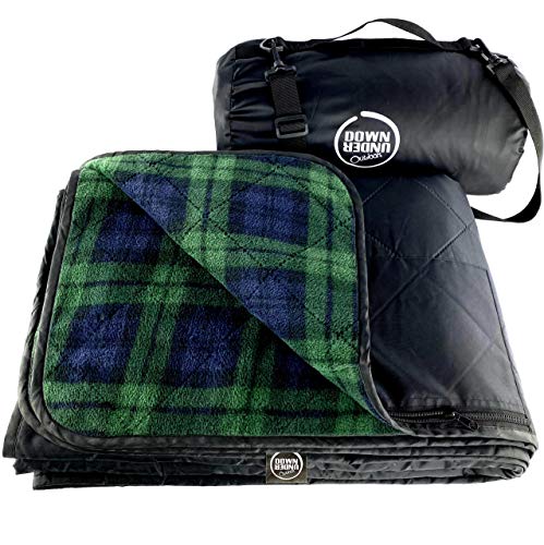 DOWN UNDER OUTDOORS Waterproof 350 GSM Fleece or Sherpa Stadium Blanket | Large Extra Thick, Windproof, Quilted, Machine Washable, Camping Picnic & Outdoor, Beach, Dog, secret pocket, 82 x 55 inches - color: Green Check
