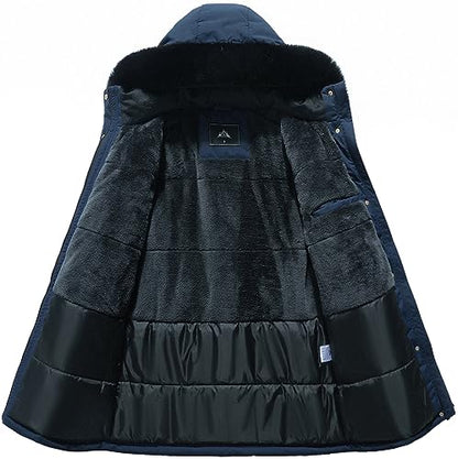 MOERDENG Women's Long Winter Down Coat Thicken Fleece Lined Parka Warm Puffer Jacket With Faux Fur Detachable Hood - color: Navy, size: XX-Large