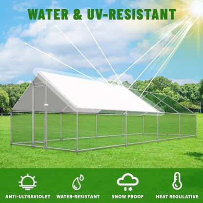 NUGRIART Large Metal Chicken Coop Walk-in Poultry Cage with Water-Resident and Anti-UV Cover Duck Rabbit Cat House Outdoor Chicken Run Pen with Spire Shaped Cage - size: 26.2’L×9.8’W×6.5’H