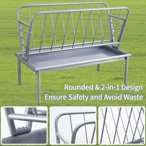 47.2" x 22.5" x 23.6" Heavy Duty Galvanized Steel Hay Feeder, Large Capacity 2 in 1 Grain & Hay Rack, Multiple Sided Pasture Hay Rack for Sheep Horses, etc