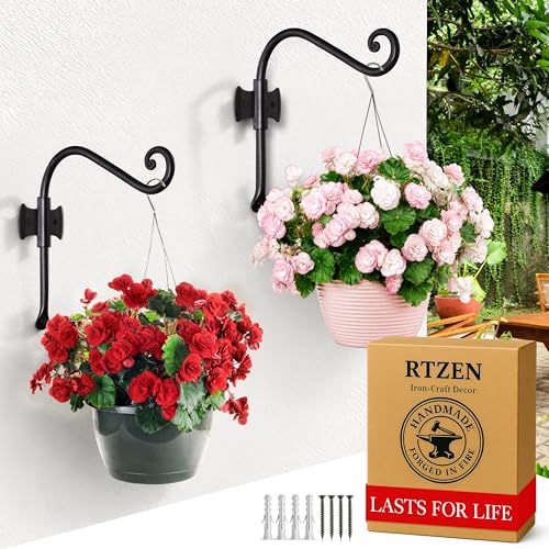 RTZEN Plant Hangers Outdoor or Indoor - Wrought Iron Metal Hanger Indoor Hook - Heavy Duty Wall Bracket Hooks for Hanging Plants Baskets Lanterns Bird Feeders - 2 Pack (Black Axe-Shape Hooks 7.5") - size: 7.5 Inch, style: Axe Hooks