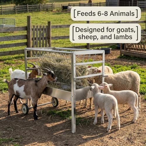 Wheeled Livestock Feed Trough, Galvanized Steel Hay Rack with Waste Reduction Tray, 2-in-1 Feeder for Goats Sheep and Lambs in Pasture
