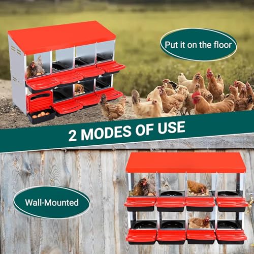 Chicken Nesting Boxes, 8 Compartments Metal Hens Egg Laying Box with Roll Away Egg Collection Tray and Perch, Wall Mountable Chicken Laying Box Nesting Boxes for Chickens- Red Without Legs