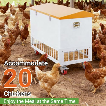 120LBS Chicken Feeder with Grille & Wheels, No-Waste Feeder w/ 38 Ports for 20 Chickens, Powder-Coated Steel Feeder w/Waterproof Lid, 37.6”x14.6”x26.2” - size: 120LBS