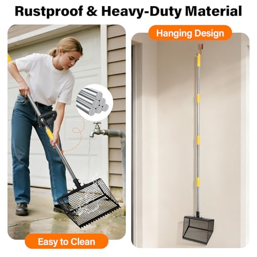 AsFrost 2-in-1 Chicken Poop Scooper & Rake,12" Heavy Duty Litter Scooper Sand Sifting Shovel for Chicken Coop & Pet Waste Cleaning, Adjustable 26" to 76" Stainless Steel Handle for Small Farm & Sand