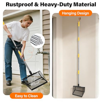 AsFrost 2-in-1 Chicken Poop Scooper & Rake,12" Heavy Duty Litter Scooper Sand Sifting Shovel for Chicken Coop & Pet Waste Cleaning, Adjustable 26" to 76" Stainless Steel Handle for Small Farm & Sand