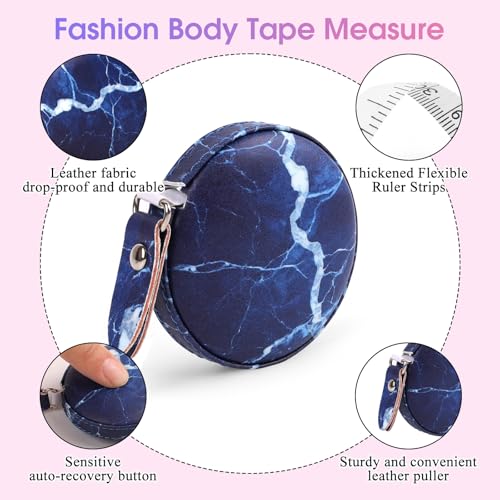 Retractable Mini Tape Measure, Auto-Retract, Premium Leather Tape Measure, Dual-Sided Ruler, Ideal for Fabric Cutting, Body Measurements, and Handicrafts (Dark Blue Marble) - color: Dark Blue Marble