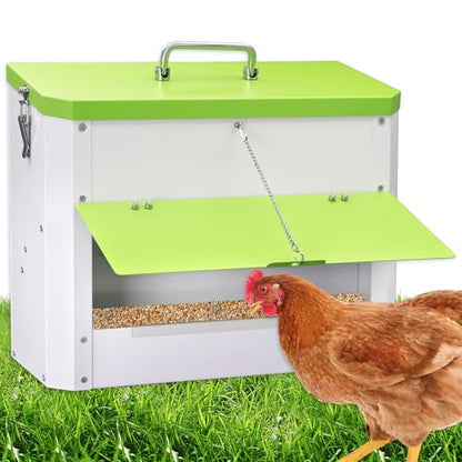 Hanging Chicken Feeder No Waste,20LBs Metal Chicken Feeder with Rainproof Cover & Lockable Flip-Door,Wall-Mount Heavy Duty Feeder for Chicken Coop and Outdoor Use