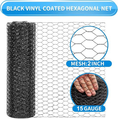 12'' x 100' Black Chicken Wire Mesh Fence, 15 Gauge Poultry Netting and 2 inch Mesh Fence Roll, Chicken Wire for Floral Arrangements/Crafts/Farm/Livestock/Pet Protection