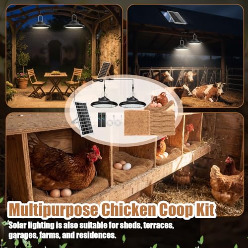 2 in 1 Solar Chicken Coop Light with Timer 6 Pcs Nesting Pads, Hanging Ceiling Pendant Heating Light for Poultry Farms Rechargeable Waterproof Solar Shed Lights for Bullpen Pig Yard Patio