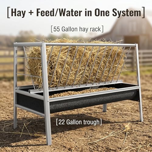77 Gallon Hay Feeder, Stainless Steel Goat Feeder for Goats Sheep Calves and Horses, Anti-Waste Goat Feeder with Rubber Trough Livestock Feeder