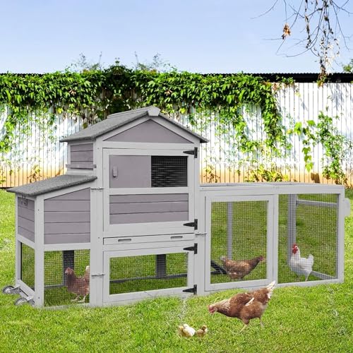 Chicken Coop for 2-4 Chickens, Mobile Chicken House for Outdoor with Wheels, Nesting Box, Leakproof Pull-on Tray and UV-Resistant Roof Panel, Wooden Chicken Coop for Duck - color: Grey, size: 70"L x 22"W x 44.1"H