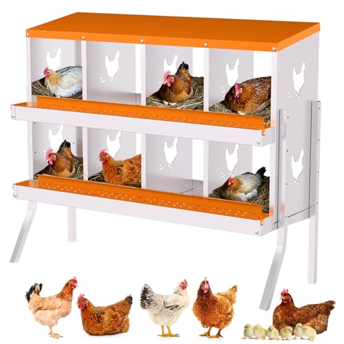Chicken Nesting Boxes with 8 Compartments, Metal Roll Away Laying Box with Lid Cover & Stand, Easy Egg Collection for Hen Roosting and Coop Use (Orange) - color: Orange, size: 8 compartments, with bracket