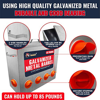 Large Capacity 85lbs Automatic Metal Poultry Feeder Set, Chicken Galvanized Trough, Chicken Feeder No Waste, Rainproof Poultry Feeders, Preventing Small Animals, Suitable for Chickens, Ducks, Turkeys