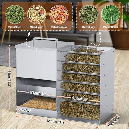Automatic Rabbit Feeders for Cage Hay Feeder 4.5L Bunny Feeder Stainless Steel Rabbit Food Dispenser for Guinea Pig Squirrel Small Animals Trough
