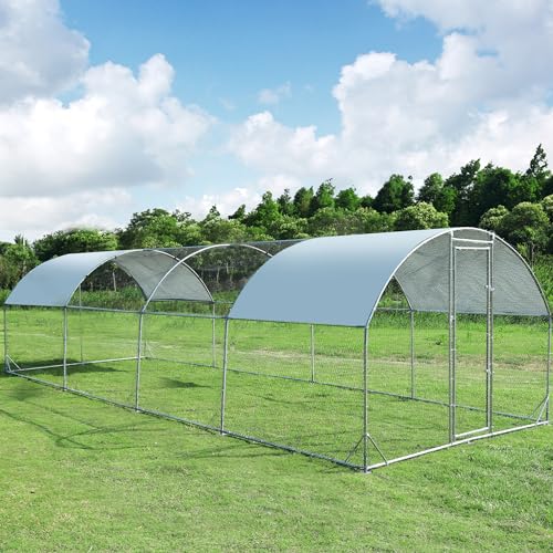 Large Metal Chicken Coop Round Top Upgrade Tri-Supporting Wire Mesh Chicken Run,Chicken Pen with Water-Resident and Anti-UV Cover,Duck Rabbit House Outdoor (Dome Roof 25'L x 9'W x 6.5'H) - size: 300.1"L x 108.0"W x 78.0"H