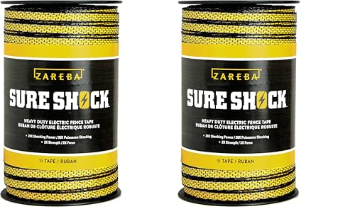 Zareba HDT656YH-Z Heavy-Duty Sure Shock Electric Fence Tape,Weather-Resistant UV Protected PVC Coating &Lock-Stitched Edges Polytype,20X Shocking Power,2XStrength,656 Feetx1/2 Inch,Yellow (Pack of 2) - size: 1/2 inch (Pack of 2)