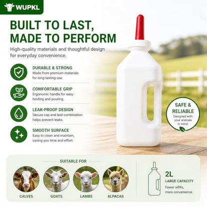 Screw Nipple Calf Feeding Bottle 2 Quart – Leak-Proof Milk Feeder with Ergonomic Handle, Easy Clean, Includes 5 Nipples, Farm & Ranch Feeding Set (One-Piece Bottle, 2 Pack)