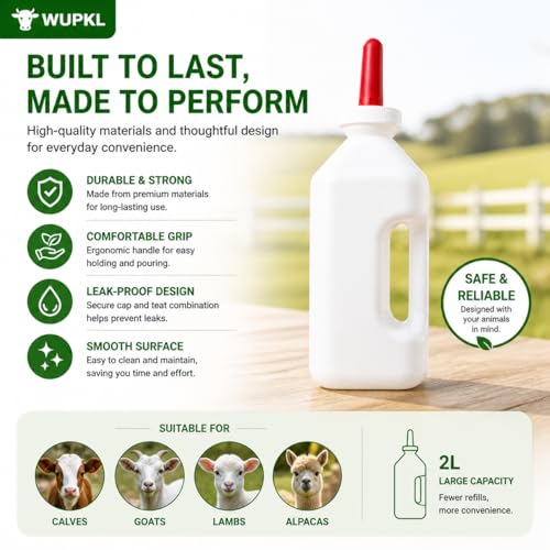 Screw Nipple Calf Feeding Bottle 2 Quart – Leak-Proof Milk Feeder with Ergonomic Handle, Easy Clean, Includes 5 Nipples, Farm & Ranch Feeding Set (Angled Bottle, 2 Pack)