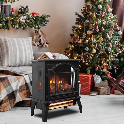 18" Electric Fireplace Stove, Freestanding Fireplaces Heater with Realistic Flame, Remote, Timer, Adjustable Brightness, Thermostat, 1500W, Black - size: 18" (Dynamic Flames)