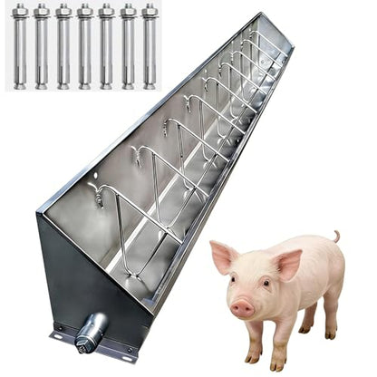 40in / 59in / 79in Livestock Feed Trough Heavy Duty Stainless Steel Pig Feeder, Separated Fence Feeder Trough with Visable Feed Design Thickened Multipurpose Trough Creep Feeder,Silver,200cm - size: 200cm