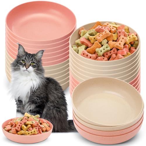 Tioncy 24 Pcs Cat Food Bowl 5.5'' Fatigue Relief Shallow Cat Food Dish Wide and Small Pet Wet Plate Wide Stray Wet Feeding Bowl for Ferrets Feral Short Legged Kitten, Wheat Straw(Pink, Beige,Classic) - color: Pink, Beige, style: Classic