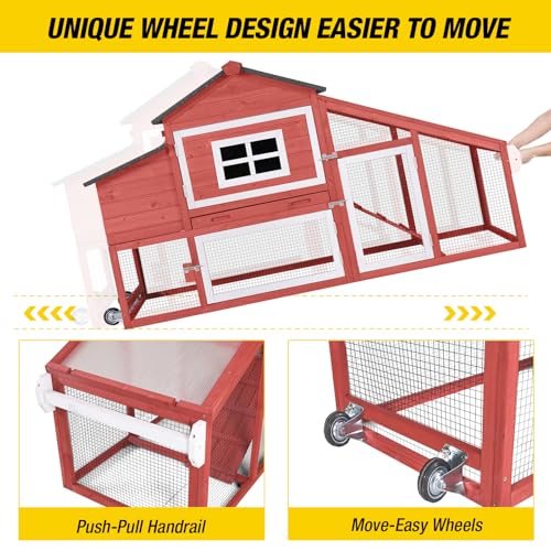 Aivituvin Chicken Coop Outdoor with Wheels, Mobile Hen House Wooden Poultry Cage with Run & Waterproof Roof (Red with White)
