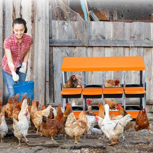 Chicken Nesting Boxes, 8 Hole Metal Chicken Laying Box with with Removable Trays and Roll Out Egg Collection for Chicken Coop, with Metal Bracket, Orange - color: Orange, size: 46.3"L x 17.3"W x 10.6"H