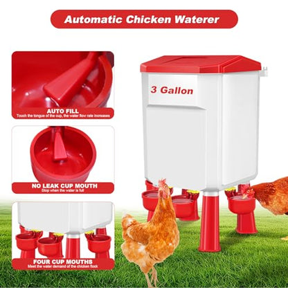 Chicken Feeder and Waterer Set 3 Gallon/26.4 Pounds, Automatic Chick Feeder and Waterer Set No Waste, Poultry Feeder Large for Hens/Ducks/Poultry - color: Red