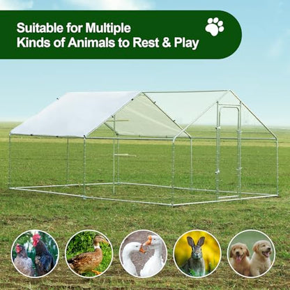 Chicken Coop Large Metal Chicken Run, Outdoor Walk-in Poultry Spire Roof Cage with Chicken Perch for Hen House, Duck Coop and Rabbit Run, Silver (9' L x 13.1' W x 6.56' H) - size: 157.5"L x 118.1"W x 78.7"H