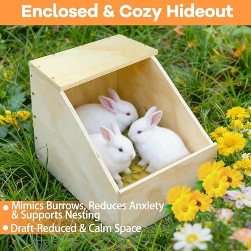 Wooden Rabbit Nesting Box, Small Animal Hutch Hideout, Breeding Shelter & Burrow Den Alternative for Rabbits, Guinea Pigs, Chinchillas or Other Small Pets(16x11x11 in)