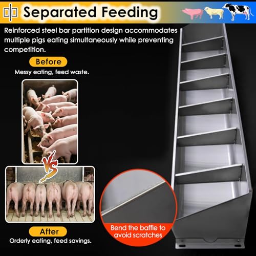 Hanging Heavy Duty Stainless Steel Livestock Feed Trough, 2-in-1 Sloped Opening Fence Feeder for Goats Pigs Sheep Cattle, Easy to Eat - size: 79 inch Long with 10 Bit