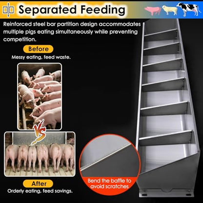 Hanging Heavy Duty Stainless Steel Livestock Feed Trough, 2-in-1 Sloped Opening Fence Feeder for Goats Pigs Sheep Cattle, Easy to Eat - size: 79 inch Long with 10 Bit