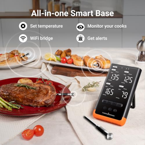 ThermoMaven Sub-1G Wireless Meat Thermometer, 4 Probes WiFi Thermometer | 3000FT Open Range, Smart App + Base Control, 6 Sensor NIST ±0.5°F Accuracy, BBQ Smoker Grill Oven, Brisket Steak Turkey Pork - color: Orange-Quad Probe