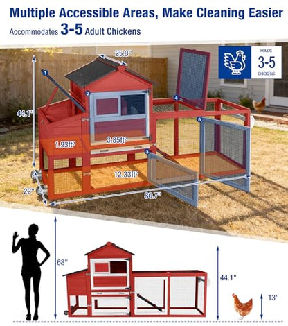 Chicken Coop with Run Mobile Chicken Coop with Wheels Duplex Hen House with Nesting Box Slide-Out Cleaning Tray Predator-Resistant Chicken Cage for Outdoor Backyard Red - color: Red