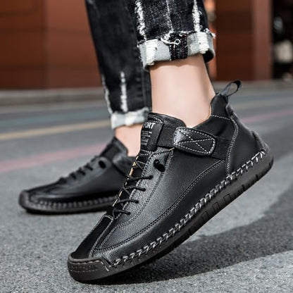 Womens Hand Stitching Leather Slip-On Ankle Boots with Adjustable Elastic Band Casual Lightweight Non-Slip Walking Loafers Retro High Top Flat Boat Shoes - color: Black, size: 5 Wide