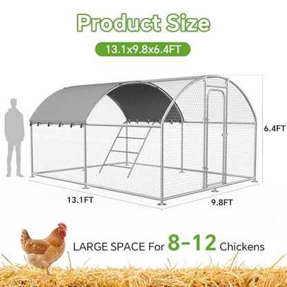 Large Metal Chicken Coop with Roosting Perch,Waterproof and UV-Resistant Cover,Outdoor Walk-in Cage Hen House for Yard Farm Duck Chicken Run Dome Roof (10’ W x 13.2’ L x 6.4’ H) - size: 157.5"L x 119.0"W x 77.2"H