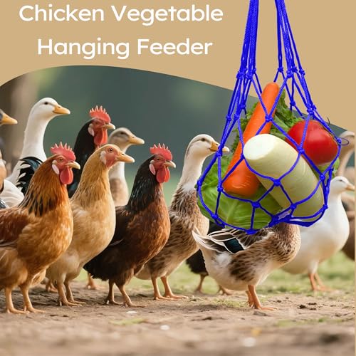 Chicken Vegetable Fruit Hanging Feeder 4Pcs, Reusable String Bag with Hook for Chicken Coop Toys, Poultry Feeding Tool for Hens,Duck,Goose (Blue) - color: Blue